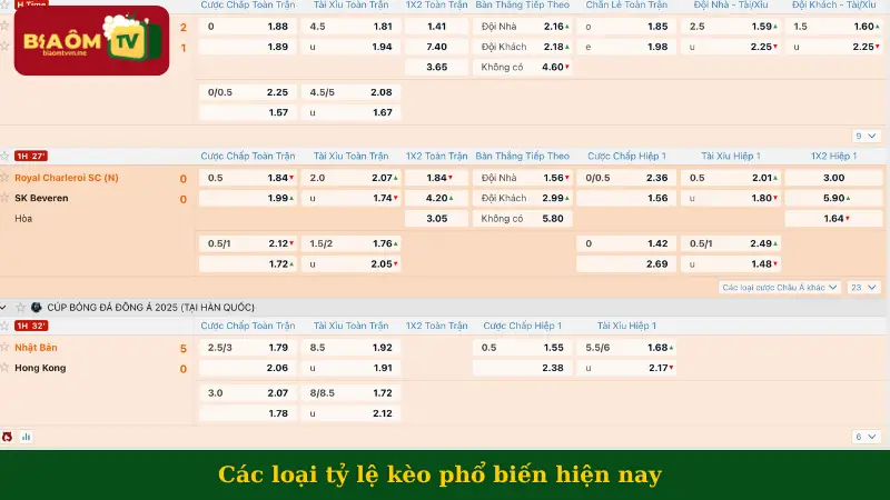 Các loại tỷ lệ kèo phổ biến hiện nay