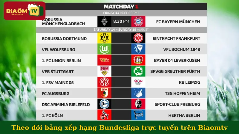 Theo dõi bảng xếp hạng Bundesliga trực tuyến trên Biaomtv
